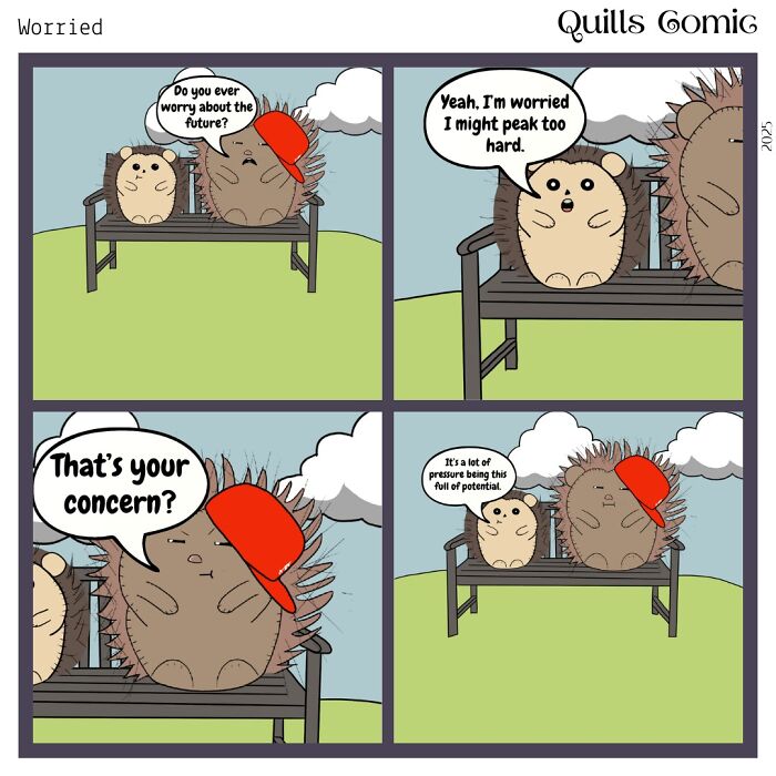 Comic strip featuring a hedgehog and porcupine duo on a bench discussing worries and pressure about the future.