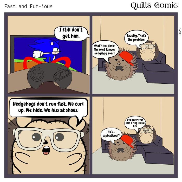 Comic panels showing a hedgehog and porcupine roommates debating Sonic the Hedgehog with humor and relatable pet quirks.