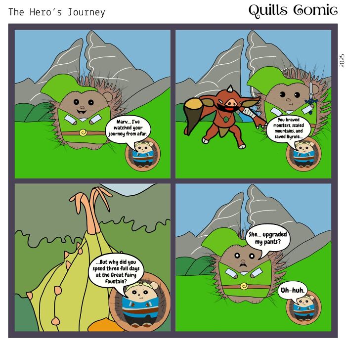Comic panels featuring a hedgehog and porcupine duo on a fantasy adventure with mountains and dialogue in a colorful cartoon style.