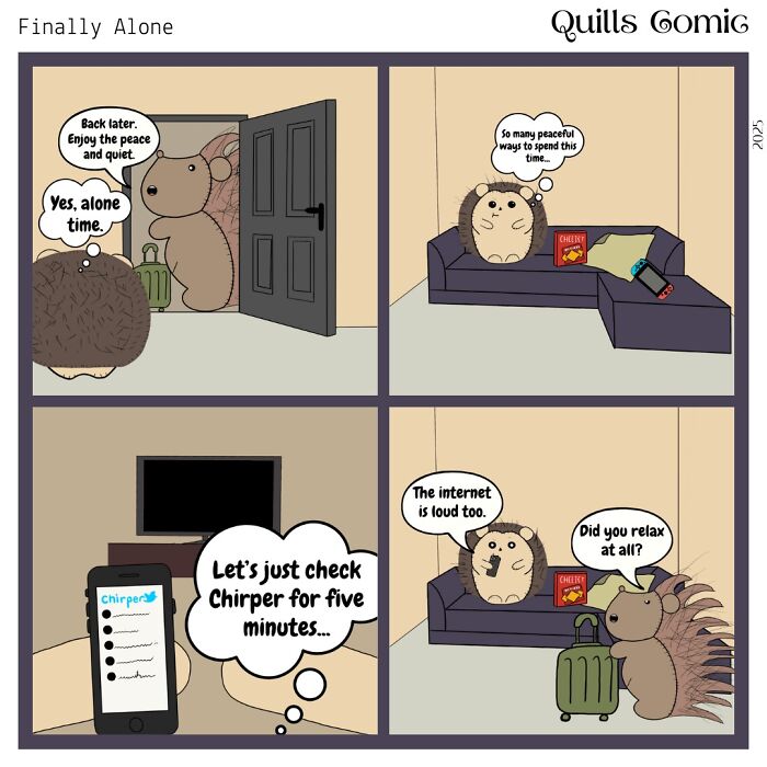 Comic panels showing a hedgehog and porcupine roommate duo enjoying alone time and dealing with internet distractions.