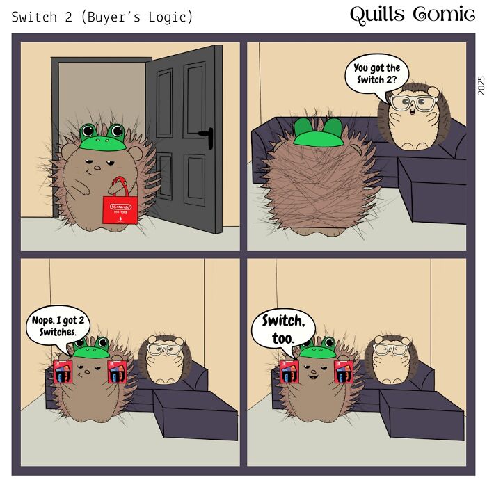 Comic panels featuring a funny hedgehog and porcupine duo joking about buying Nintendo Switch consoles.