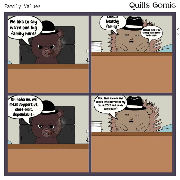 Comic panels showing a hedgehog and porcupine roommate duo discussing family values with humor and sarcasm.