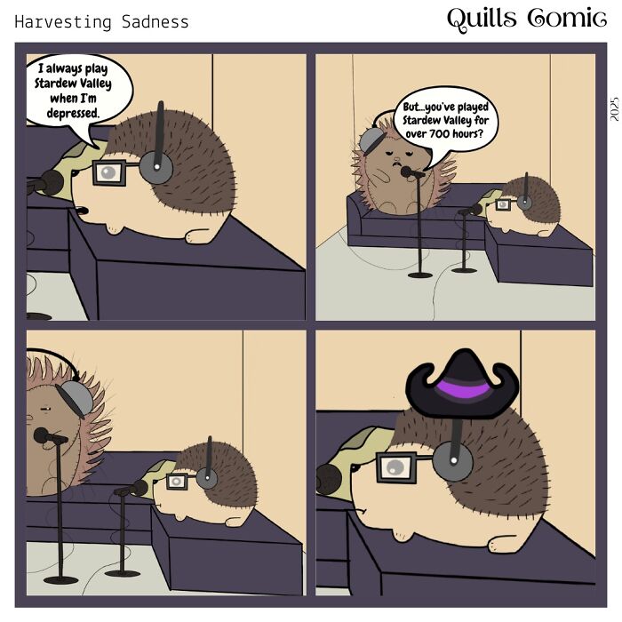 Hedgehog and porcupine roommates wearing headsets in a funny comic about gaming and relatable emotions.