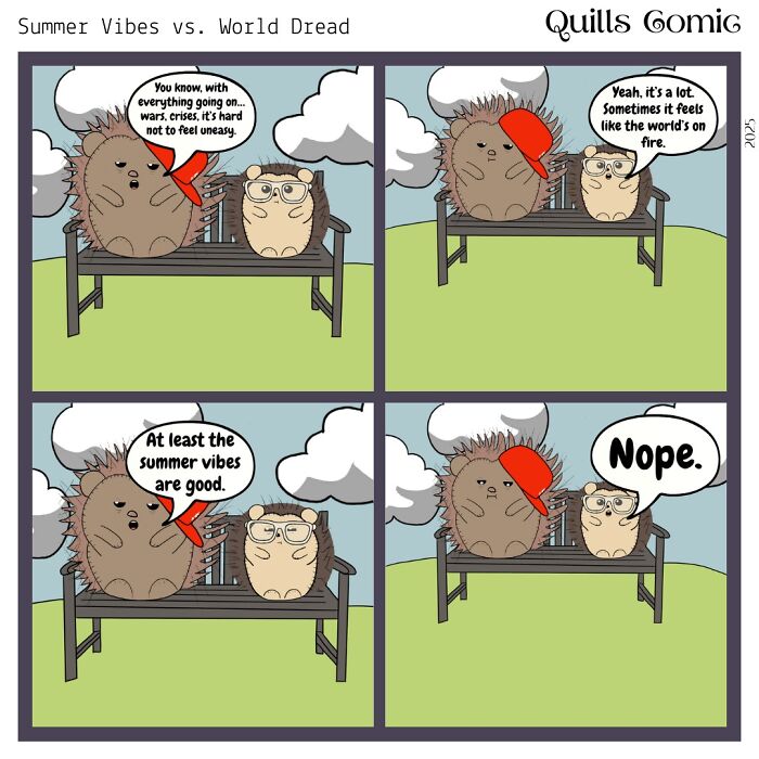 Hedgehog and porcupine roommates sitting on a bench, discussing summer vibes and world dread in a funny comic strip.