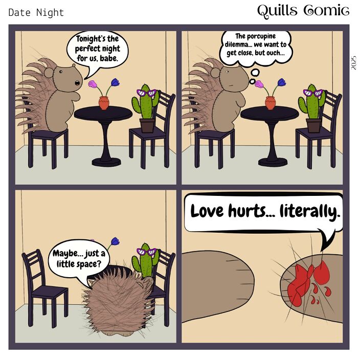 Hedgehog and porcupine roommates sharing a funny comic about love and the challenges of being close without hurting each other.