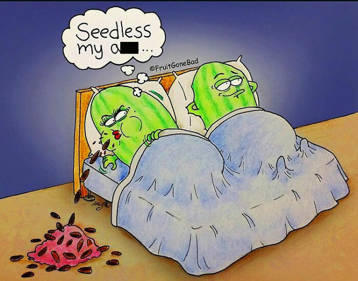 Two cartoon cucumbers in bed with seeds spilled on the floor, from the Fruit Gone Bad comic series.