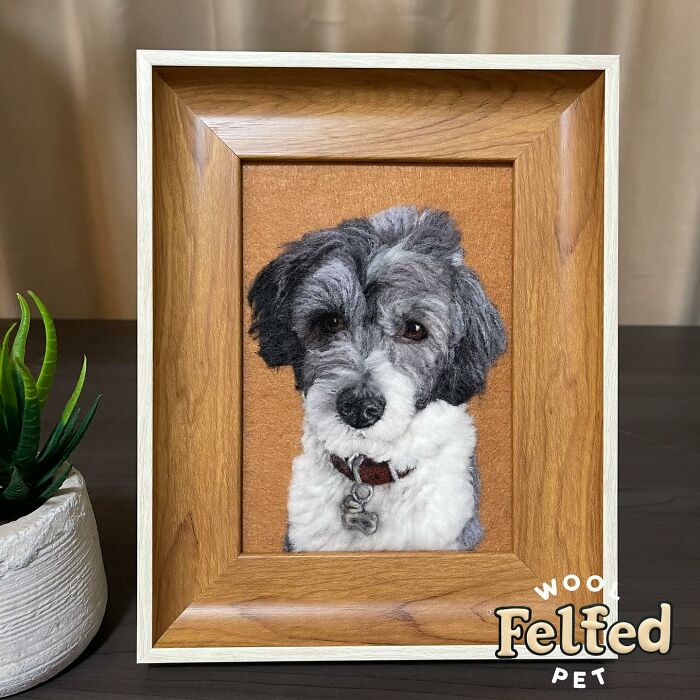 Framed wool felt pet portrait of a gray and white dog with detailed fur texture and realistic expression.