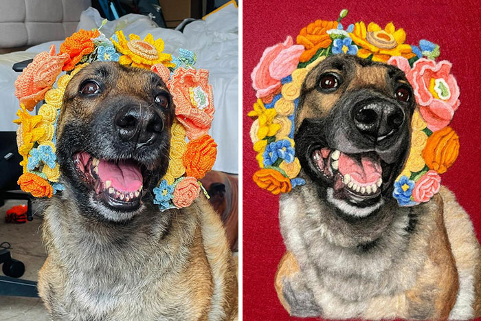 Side-by-side photo of a real dog and a wool felt pet sculpture wearing a colorful flower crown, very realistic wool felt pet.