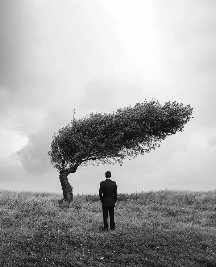 Man in suit standing near a windswept tree in a field, featured on an Instagram page with stunning photos worldwide.