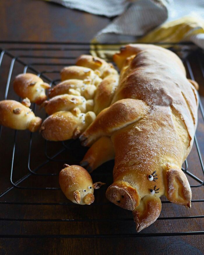Creative meals for kids featuring a Japanese mom's unique bread shaped like a mama pig and her piglets cooling on a rack.