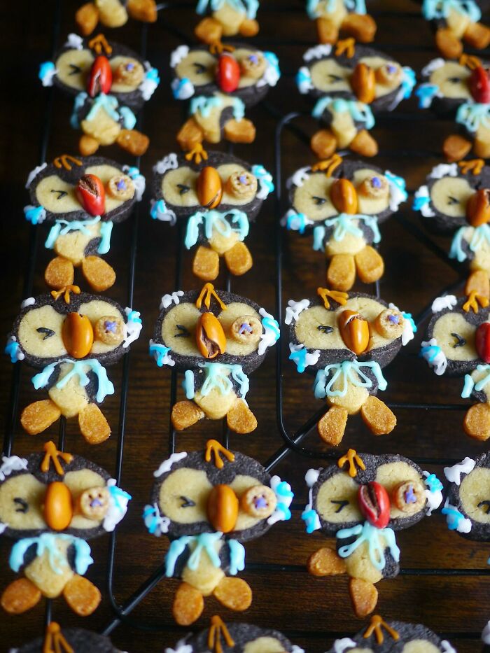 Creative meals by a mom from Japan featuring owl-shaped cookies with colorful icing and nuts for kids.