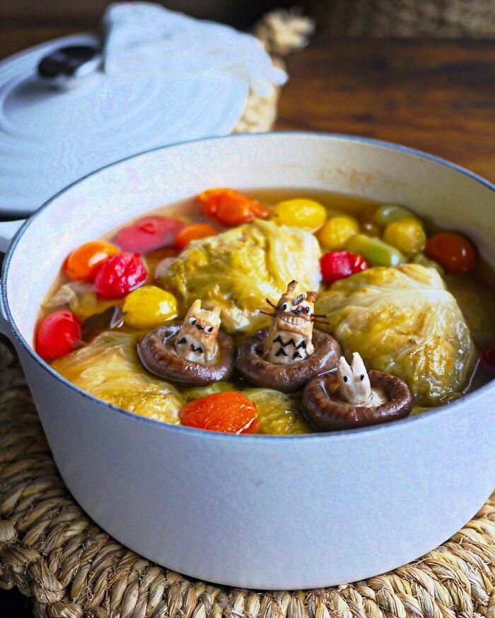 Creative Japanese kids meals featuring playful food art with vegetables and mushrooms in a colorful homemade soup.