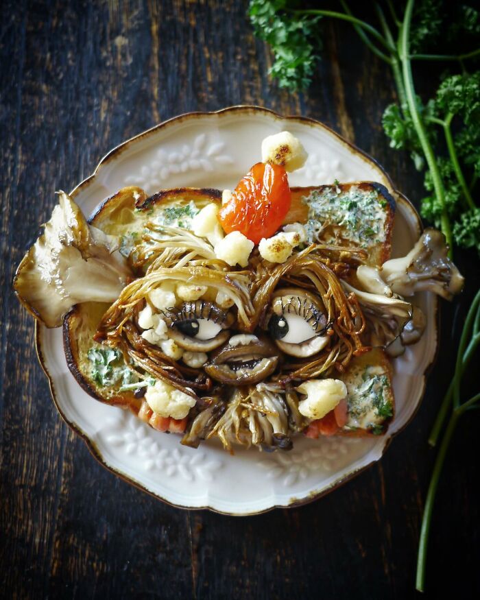 Creative meal made with mushrooms, vegetables, and toast designed by a mom from Japan for her kids.