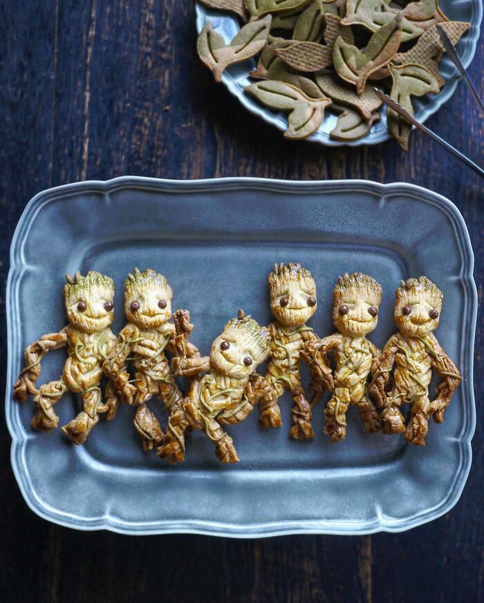 Creative meals for kids from Japan featuring edible Groot-shaped pastries arranged on a blue plate.
