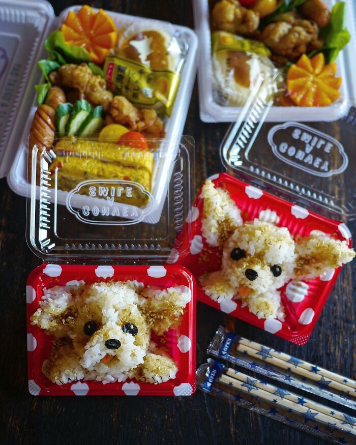 Creative meals for kids featuring adorable rice shaped like dogs alongside colorful Japanese bento box dishes.
