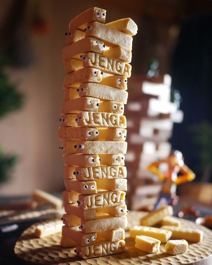 Creative meals by a Japanese mom featuring Jenga block-shaped snacks with cute eyes stacked like a game tower for kids.