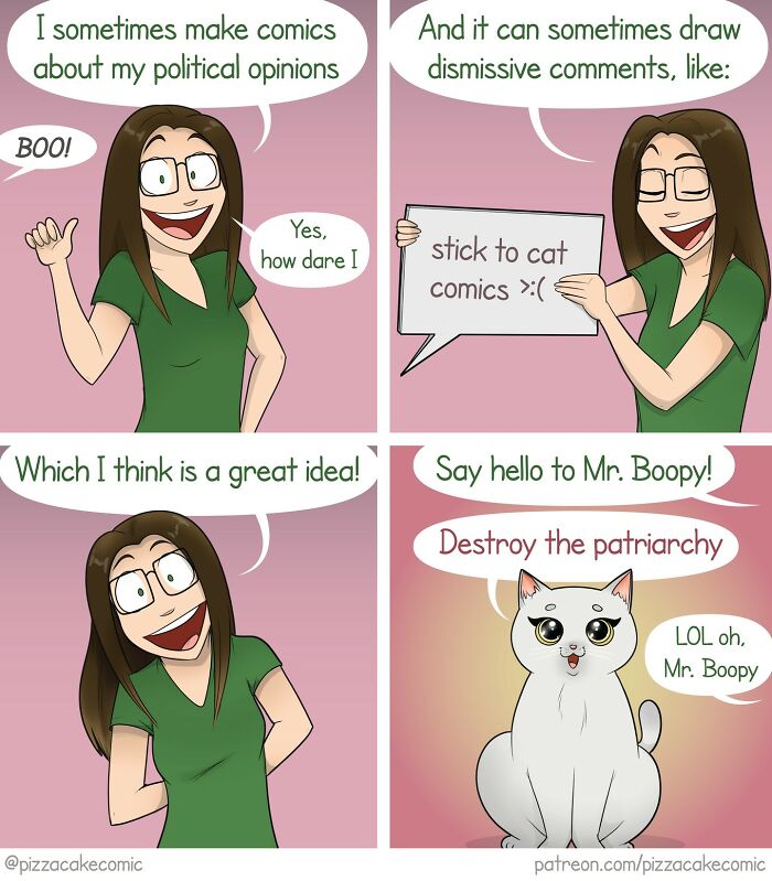 Comic panels featuring a woman and a cat with relatable humor about family and cats in PizzaCake comics style.