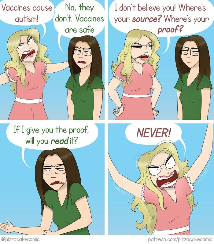 PizzaCake comic showing two women debating vaccine myths with expressive, funny dialogue and relatable family humor.