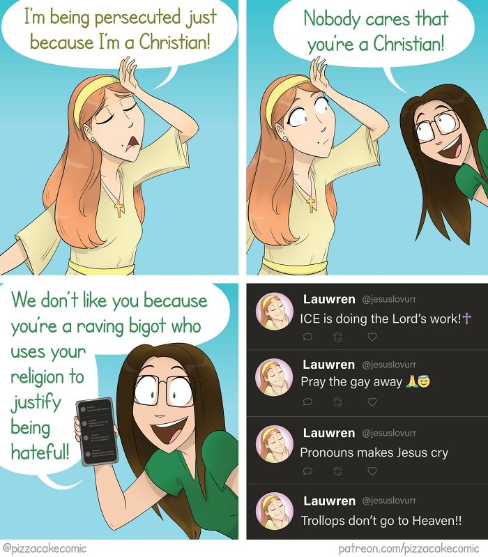 Relatable PizzaCake comic showing a confrontation about religion with bold, humorous dialogue about bigotry and faith.