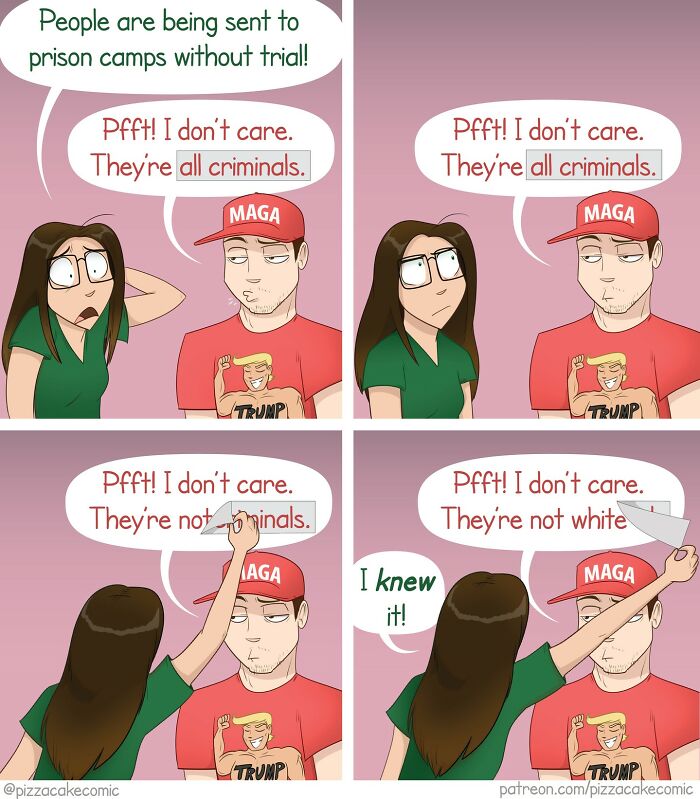 Comic panels showing a political debate with characters in a PizzaCake comic style about family and life topics.