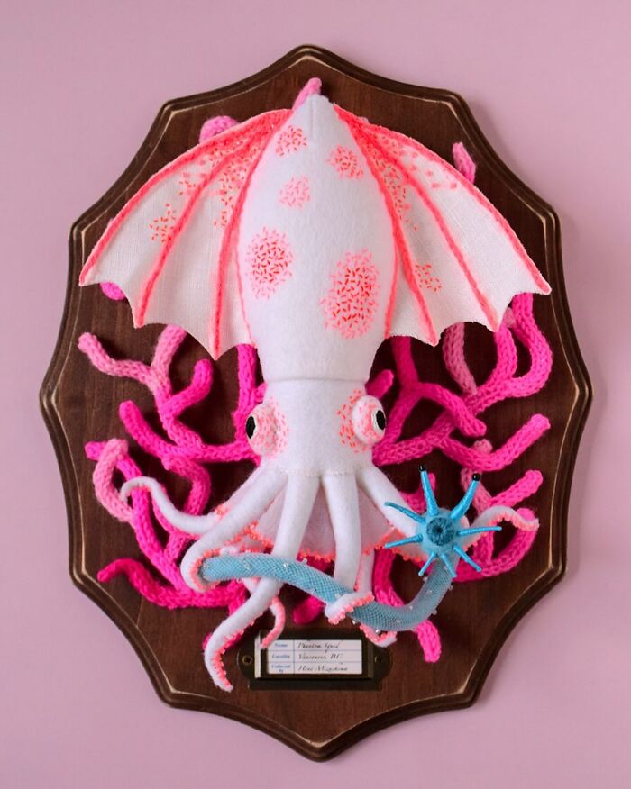 Felted artwork of a colorful squid mounted on a wooden plaque with bright pink coral details.
