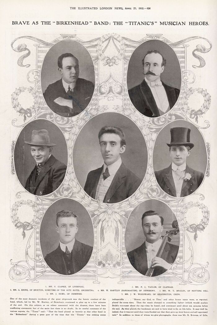 Black and white historical portraits of Titanic musicians featured in rare Titanic photos from 1912 news publication.
