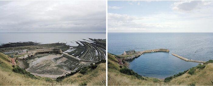 A coastal harbor with unusual tidal patterns, captured in two photos showing strange and unexplained histories.