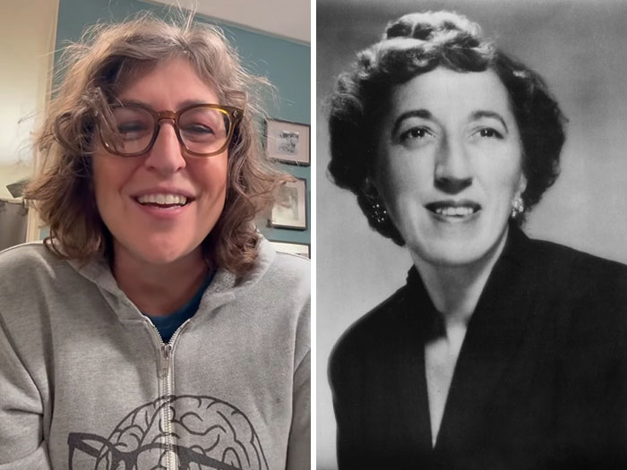 Split image showing a smiling woman with glasses on the left and a black and white portrait of an older woman on the right, illustrating celebrities and their historical counterparts.