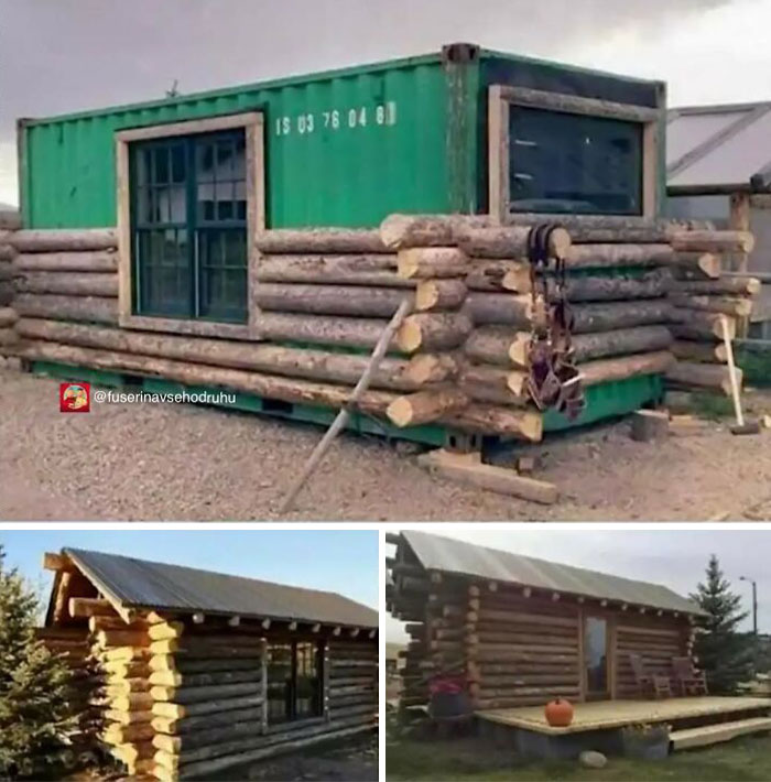 Container and log cabin construction designs combining unconventional materials in creative ways.
