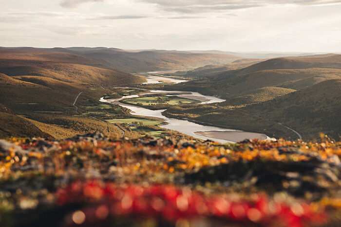 Vast autumn landscape in the Far North with rolling hills and a winding river showcasing seasonal colors and autumn magic.