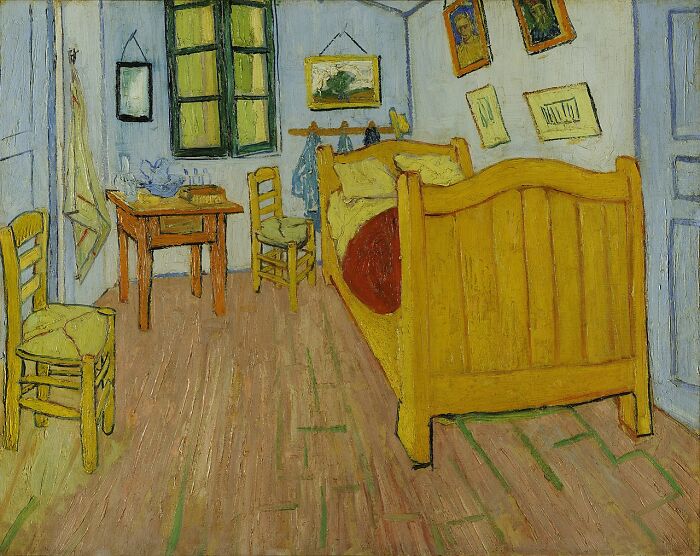 Vincent van Gogh’s timeless painting of a bedroom interior showcasing bright colors and simple furniture details.