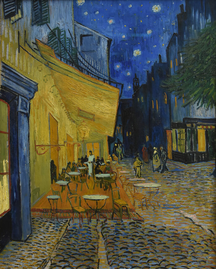Outdoor cafe at night under starry sky in a timeless painting capturing a legendary artistic scene with vibrant colors and details.