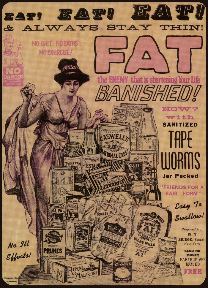 Vintage medical ad promoting tape worms for weight loss with various old-fashioned food products displayed.