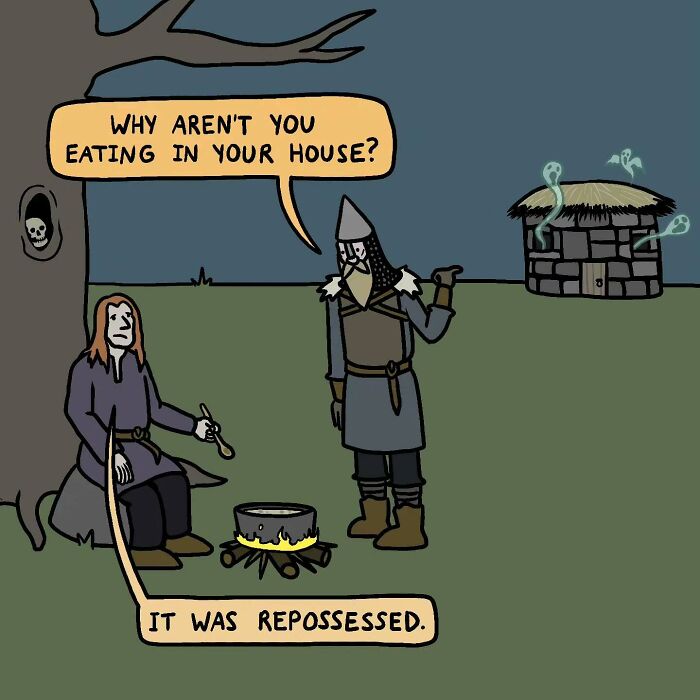 Medieval cartoon showing Vikings outside with a joke about a repossessed house in a humorous history meme style.