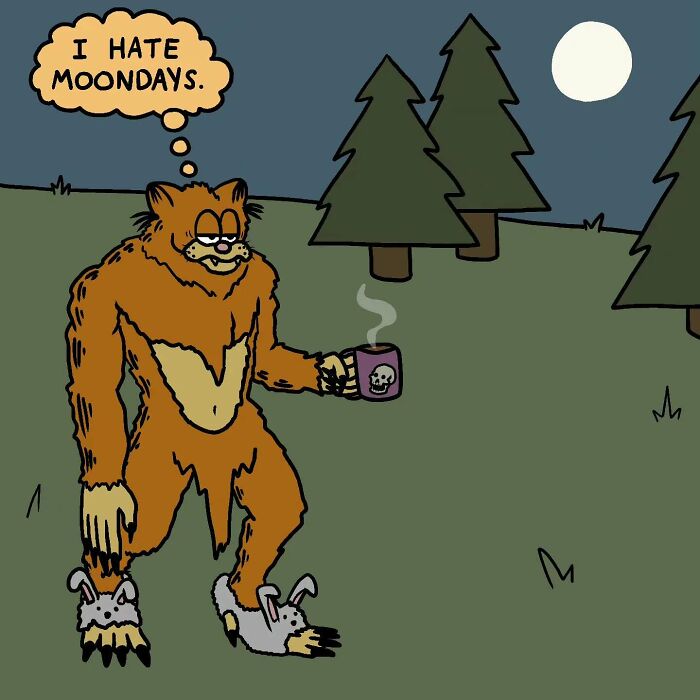 Cartoon Viking in slippers holding a steaming mug under moonlight, humorously expressing dislike for Mondays in a forest setting.