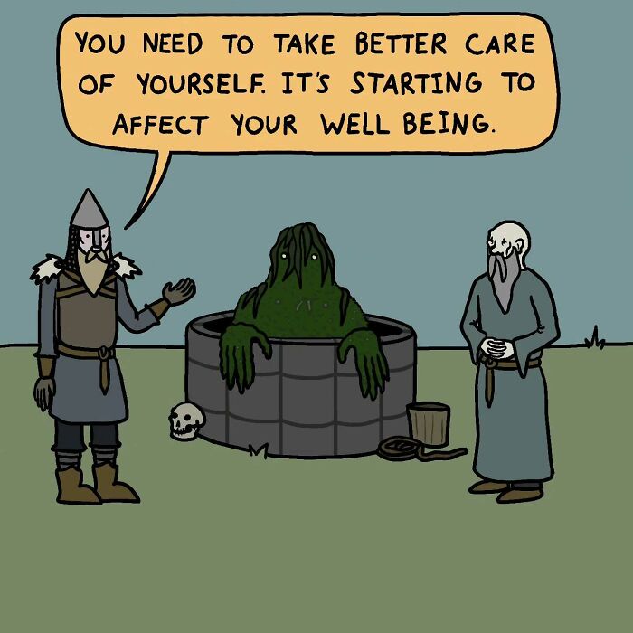 Cartoon Viking telling a swamp monster to take better care of himself, blending Middle Ages and memes humorously.