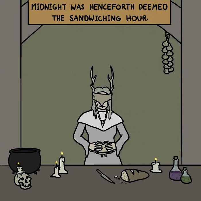 Viking cartoon depicting a medieval scene with candles, bread, and pot, blending Middle Ages with humorous meme style.
