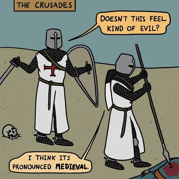 Medieval cartoon knights discussing the Crusades humorously, showing how history and memes creatively meet in Viking art.