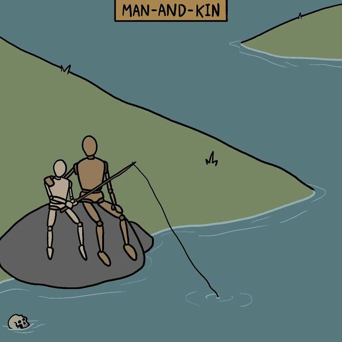 Cartoon Viking-style wooden figures fishing by a river, blending Middle Ages and meme humor with history themes.