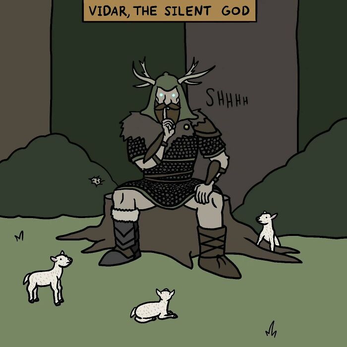 Viking cartoon character sitting quietly with animals, blending Middle Ages and memes in a humorous historical scene.