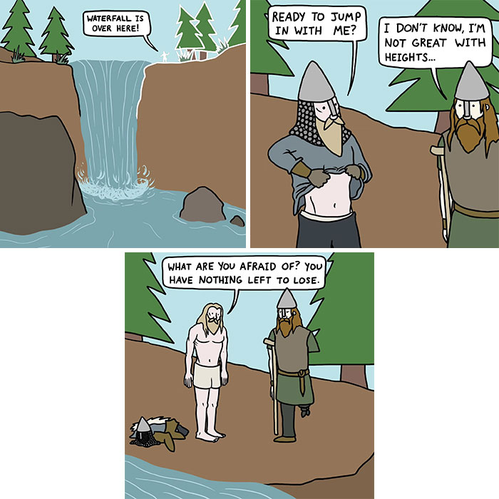 Cartoon Vikings at a waterfall, using humor and memes to make Middle Ages history entertaining and funny.