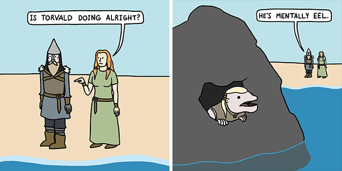 Cartoon Viking humor with medieval characters by the sea, blending Middle Ages and memes to make history hilarious.