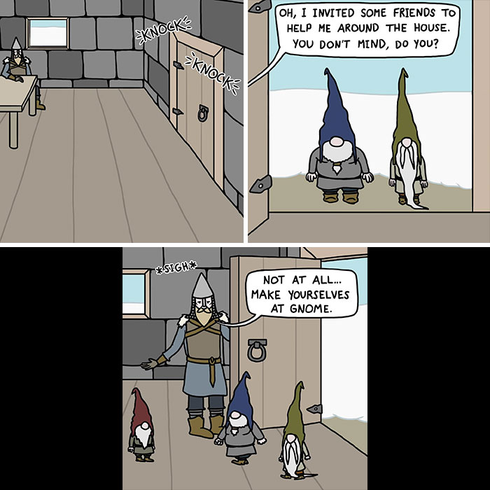 Cartoon Viking interacting with gnome-like characters in a medieval setting, blending history and humor with memes.