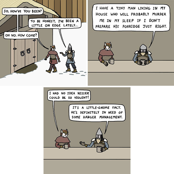 Cartoon Vikings humorously discussing a tiny man and gnome violence, blending Middle Ages and memes with history comedy.