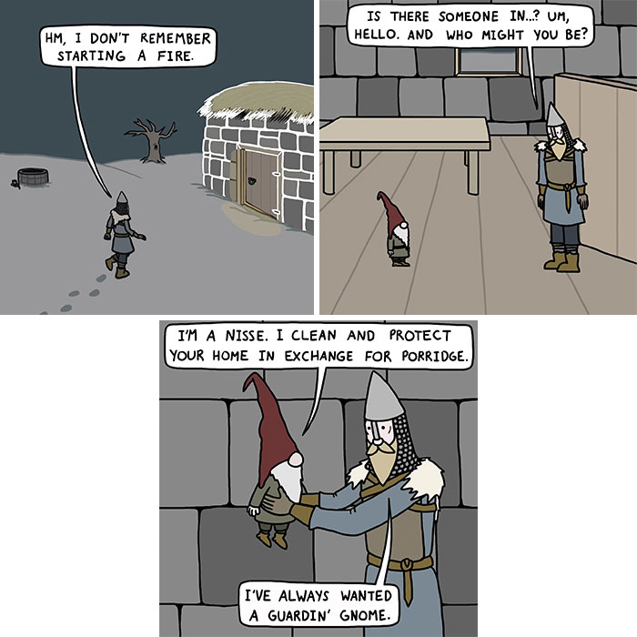 Viking cartoon showing a medieval guard meeting a nisse, blending Middle Ages history with memes humor.