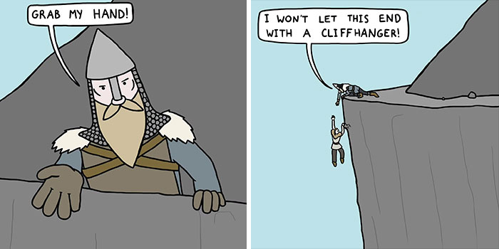 Viking cartoon meme showing a humorous medieval cliffhanger rescue combining history and comedy.
