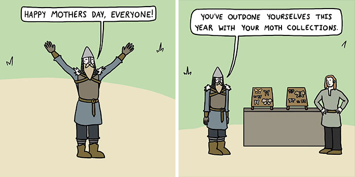 Viking cartoon humor combining Middle Ages and memes, celebrating moth collections with historical and funny elements.