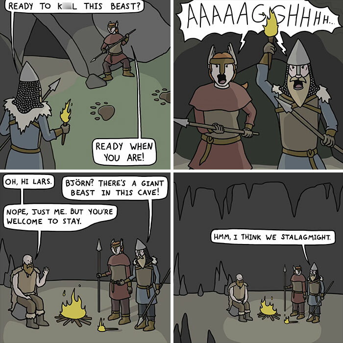 Vikings using cartoons and memes to humorously depict history and explore medieval themes in a cave setting.