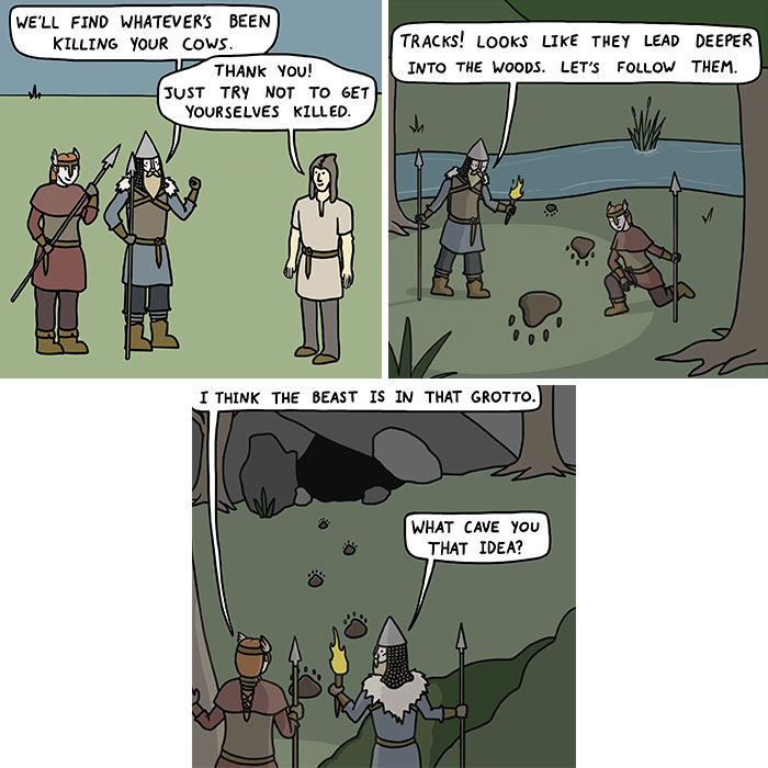 Viking cartoon showing medieval characters tracking a beast in the woods, blending history with humor and memes.