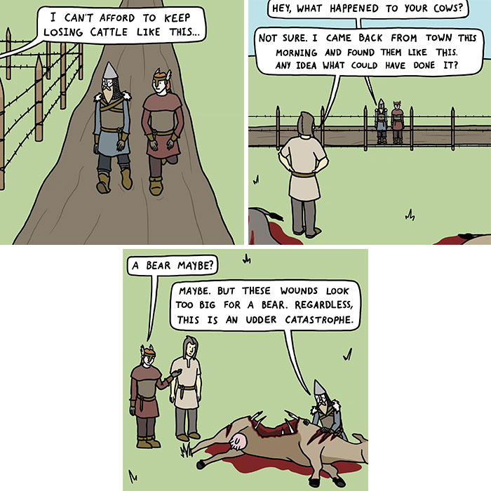 Vikings in a medieval cartoon discussing cattle loss with humor showing history can be hilarious using memes and cartoons.